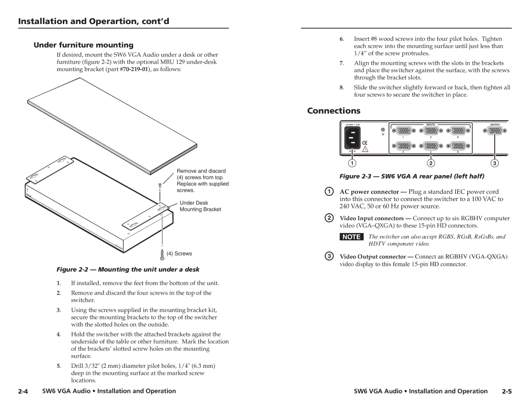 Extron electronic SW6 user manual Installation and Operartion, cont’d, Connections, Under furniture mounting 