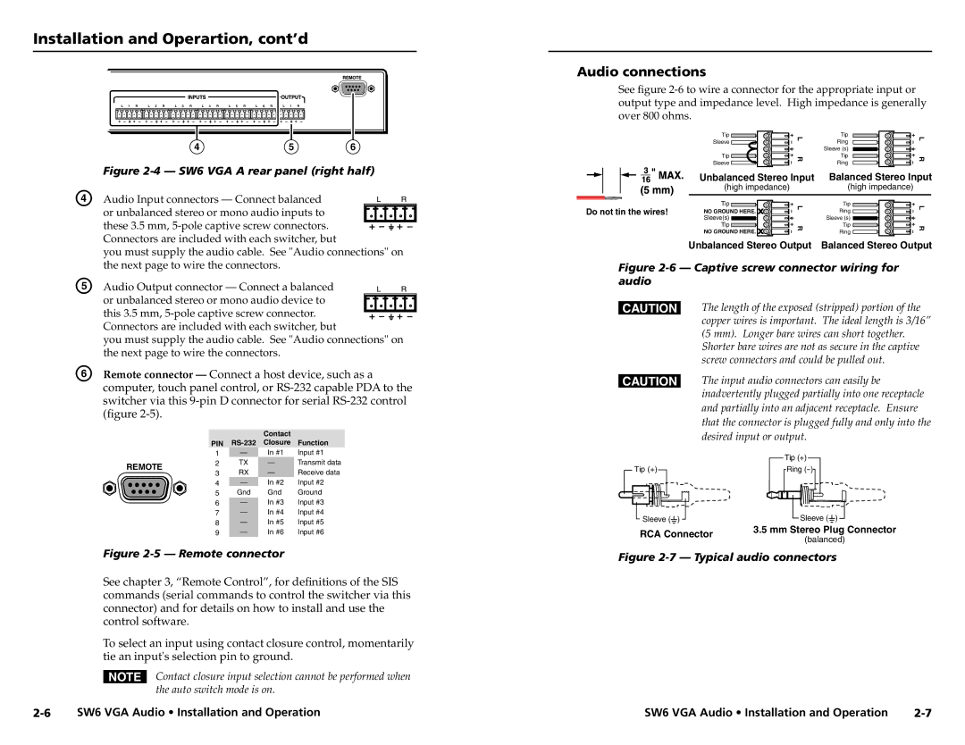 Extron electronic SW6 user manual Audio connections, Balanced Stereo Input 