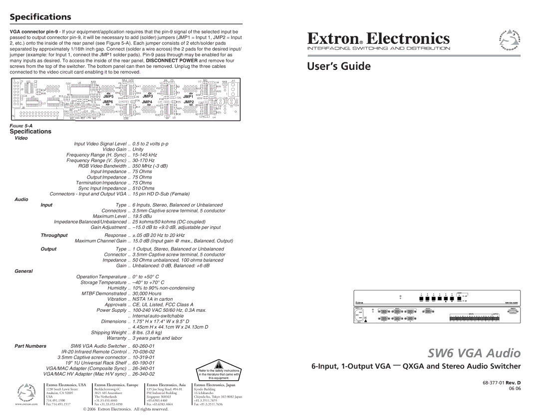 Extron electronic SW6 specifications Video, Audio Input, Throughput, Output, General 