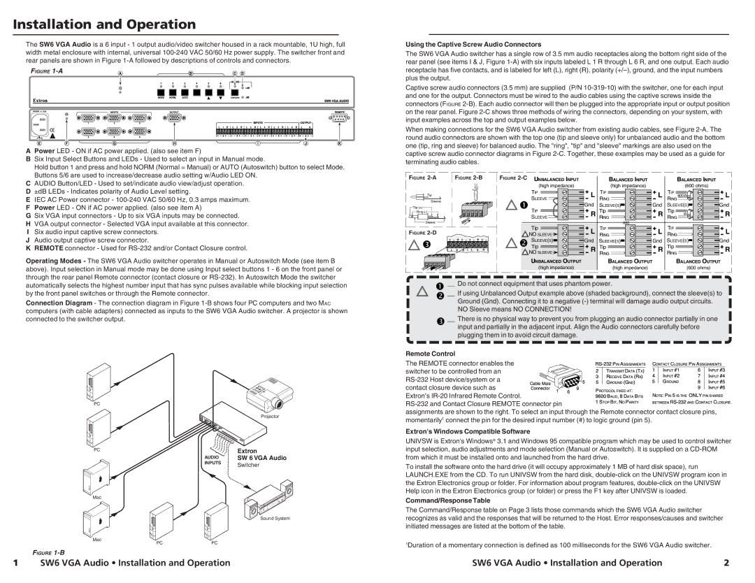 Extron electronic SW6 specifications Installation and Operation 