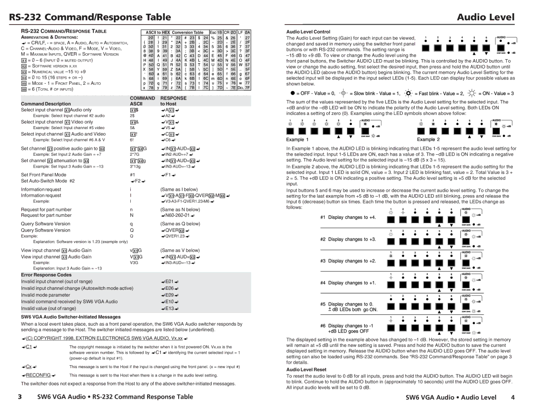 Extron electronic SW6 specifications RS-232 Command/Response Table, Audio Level 