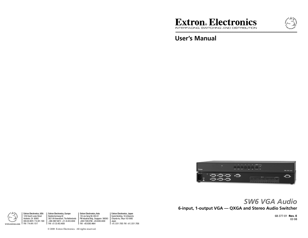 Extron electronic setup guide SW6 HDMI and SW8 HDMI Setup Guide, Rear Panel Features and Connections 