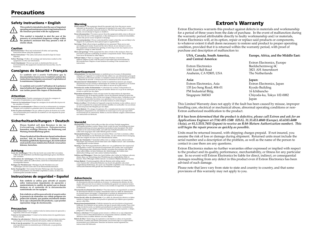 Extron electronic SW6 Precautions, Extron’s Warranty, Safety Instructions English, USA, Canada, South America, Asia, Japan 