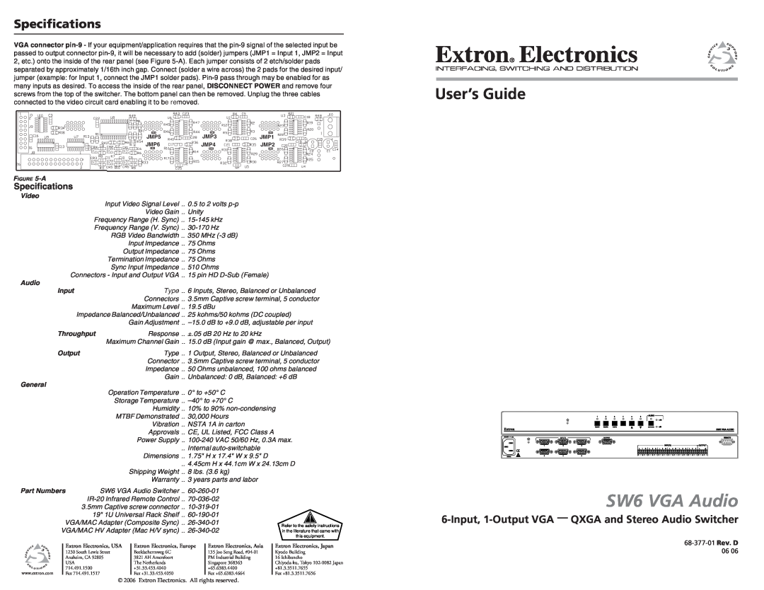 Extron electronic specifications SW6 VGA Audio, User’s Guide, Specifications, Video, Input, Throughput, Output, General 