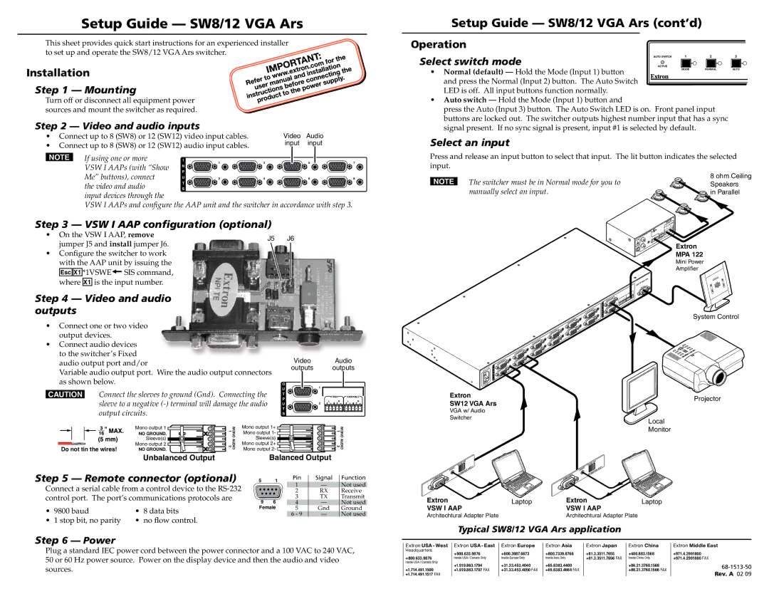 Extron electronic SW8/12 VGA Ars setup guide Mounting, Select switch mode, Select an input, Video and audio outputs 