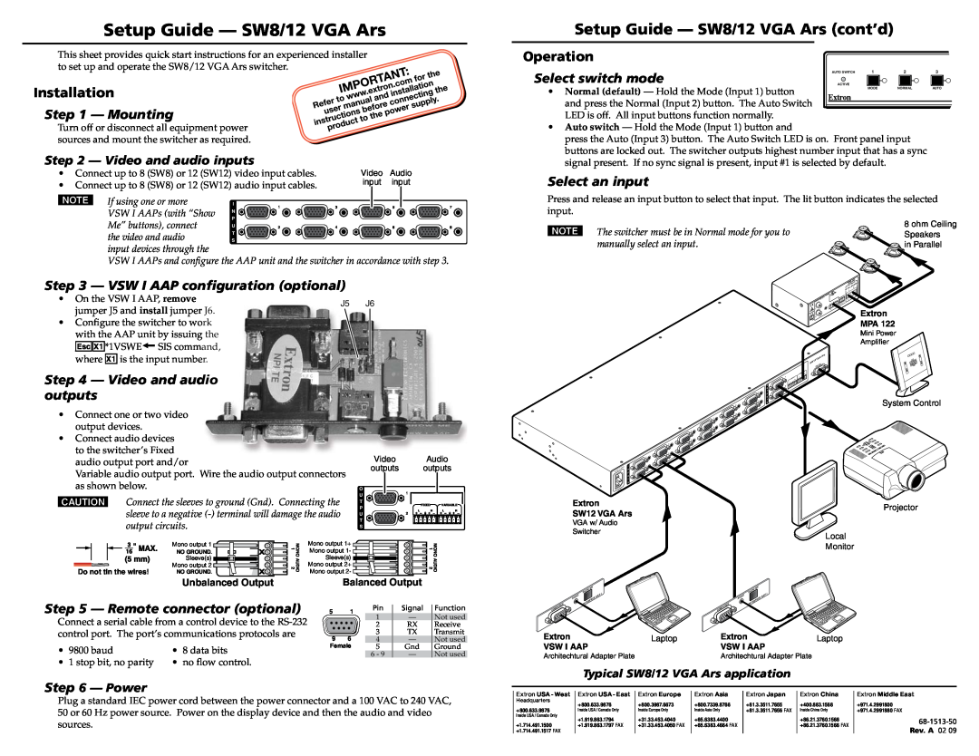 Extron electronic setup guide Setup Guide -­ SW8/12 VGA Ars cont’d, Installation, Operation, Mounting, Power 