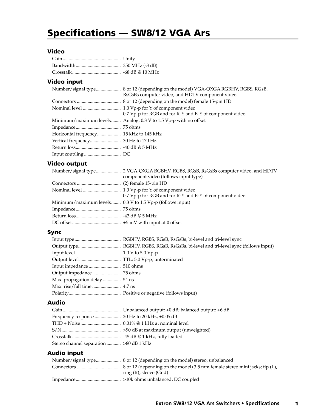 Extron electronic SW8/12 specifications Video input, Video output, Sync, Audio input 