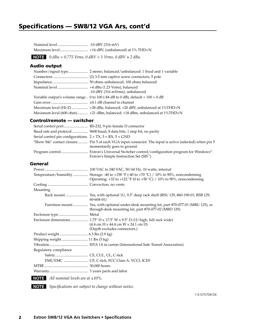 Extron electronic SW8/12 specifications Audio output, Control/remote switcher, General 