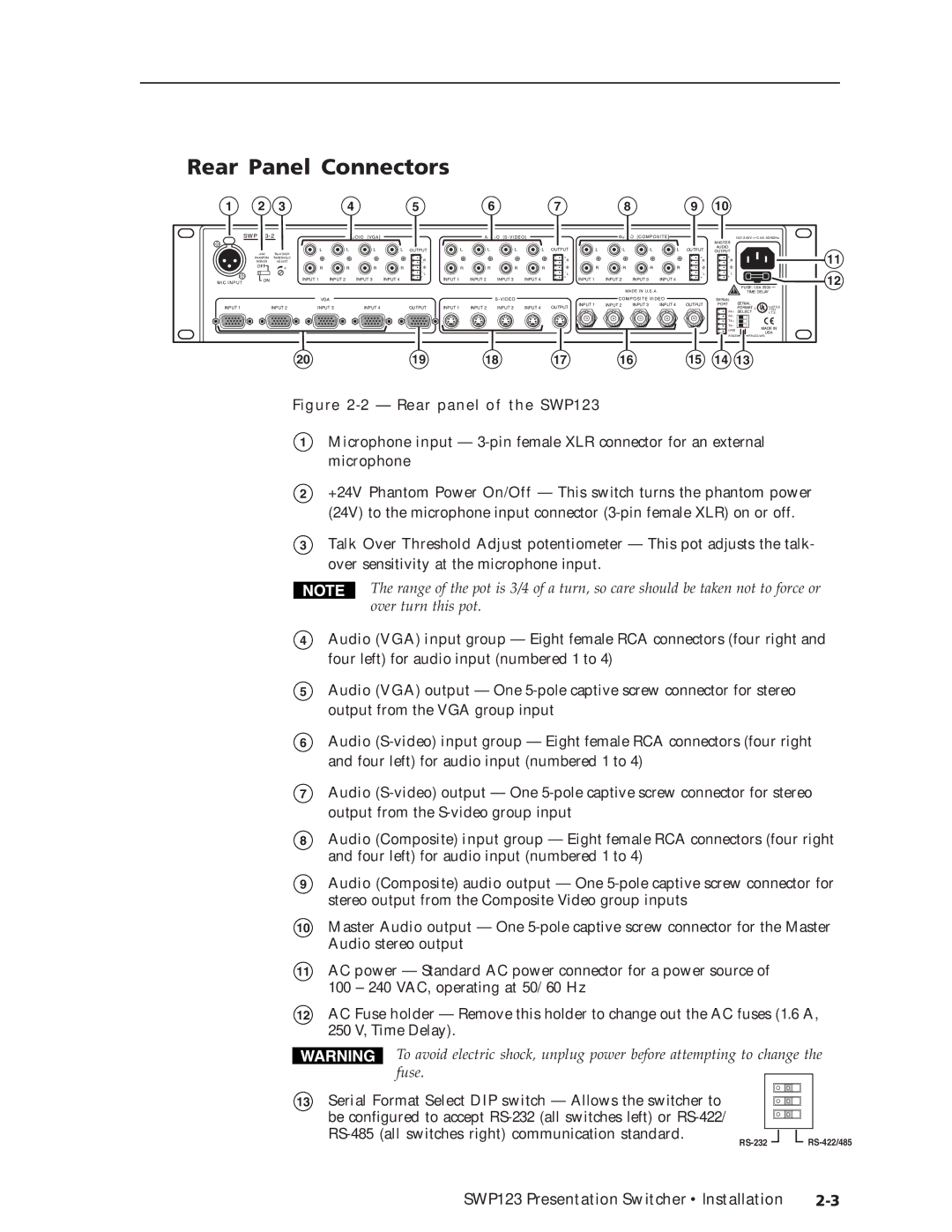 Extron electronic manual Rear Panel Connectors, Rear panel of the SWP123 