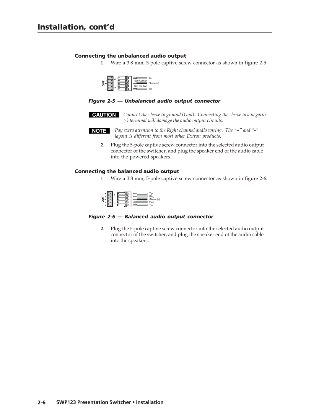 Extron electronic SWP123 manual Connecting the unbalanced audio output, Connecting the balanced audio output 