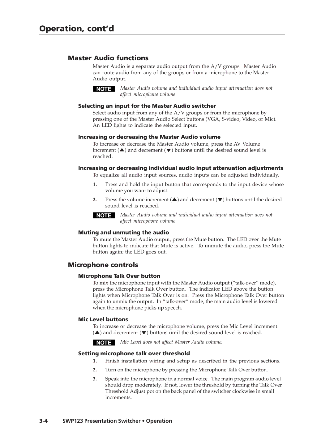 Extron electronic SWP123 manual Operation, cont’d, Master Audio functions, Microphone controls 