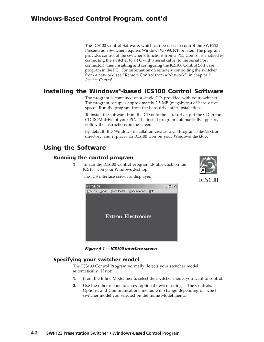 Extron electronic SWP123 manual Windows-Based Control Program, cont’d, Installing the Windows-based ICS100 Control Software 