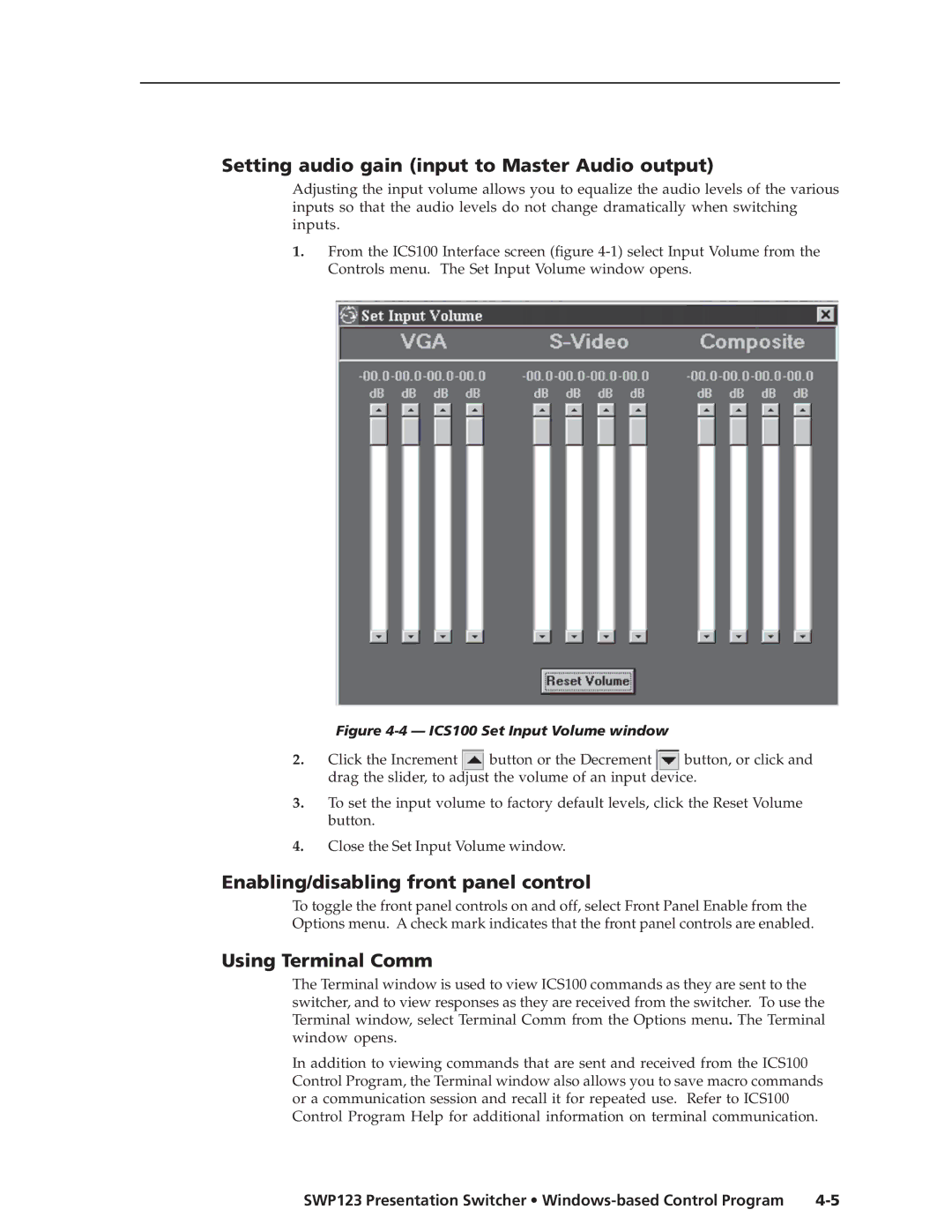 Extron electronic SWP123 manual Setting audio gain input to Master Audio output, Enabling/disabling front panel control 