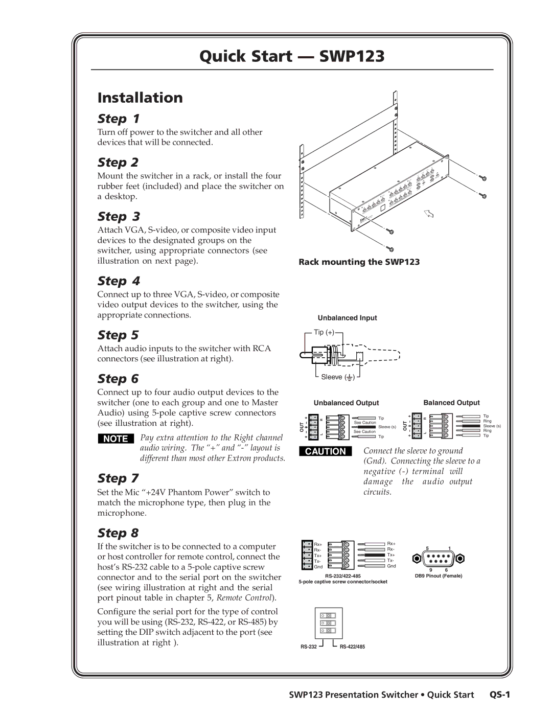 Extron electronic manual Quick Start SWP123, Rack mounting the SWP123, SWP123 Presentation Switcher Quick Start QS-1 