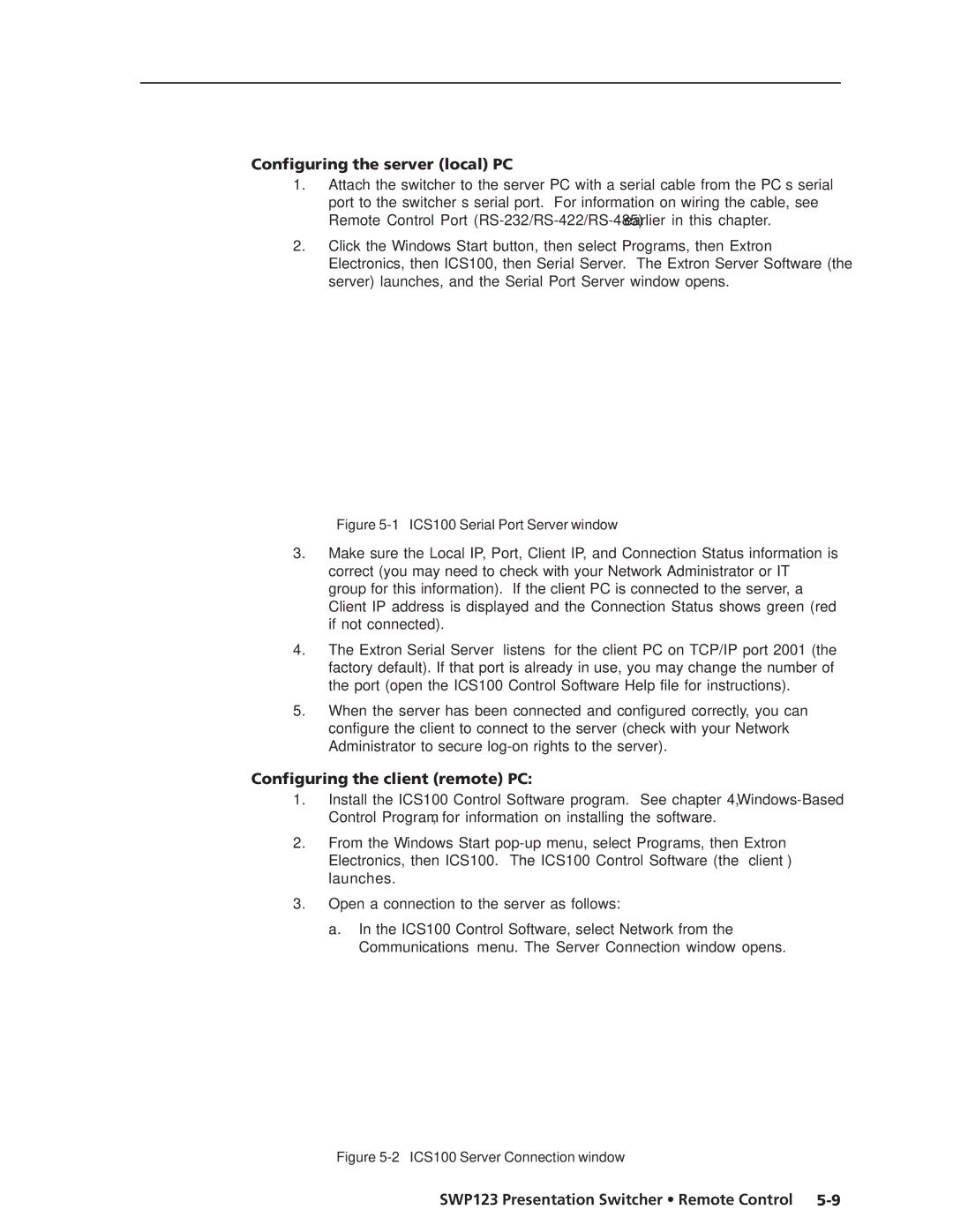 Extron electronic SWP123 manual Configuring the server local PC, Configuring the client remote PC 