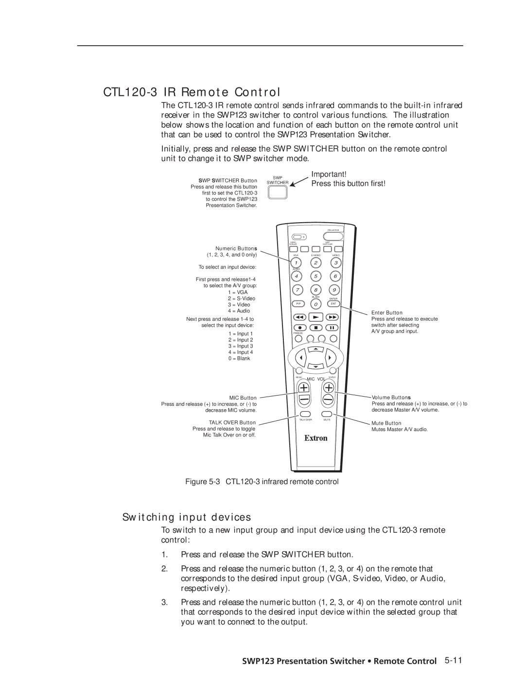 Extron electronic SWP123 manual CTL120-3 IR Remote Control, Switching input devices 