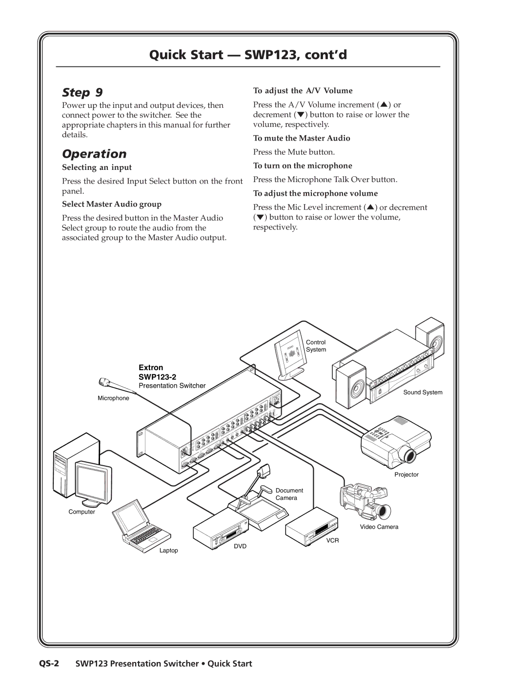 Extron electronic manual Quick Start SWP123, cont’d, QS-2 SWP123 Presentation Switcher Quick Start 