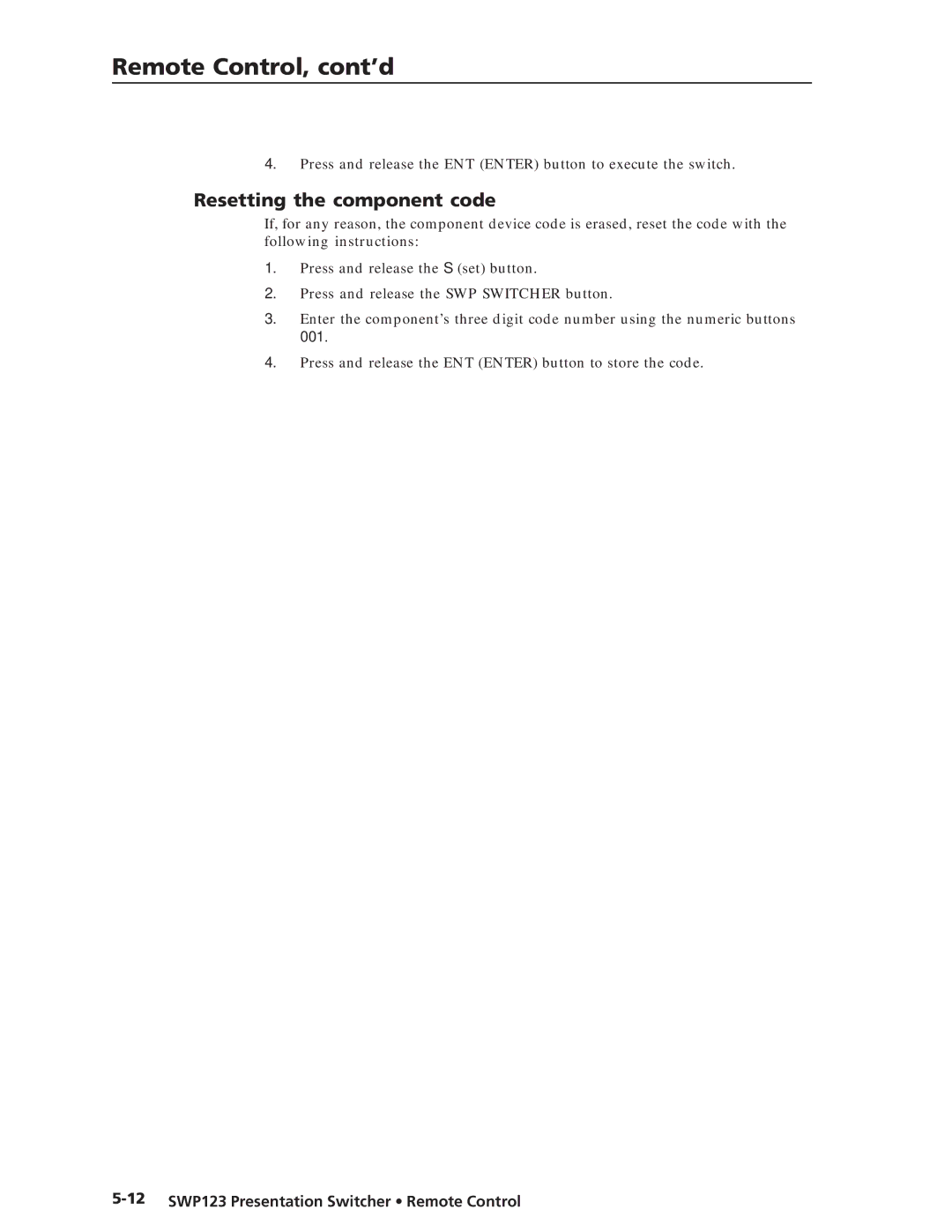 Extron electronic manual Resetting the component code, 12SWP123 Presentation Switcher Remote Control 