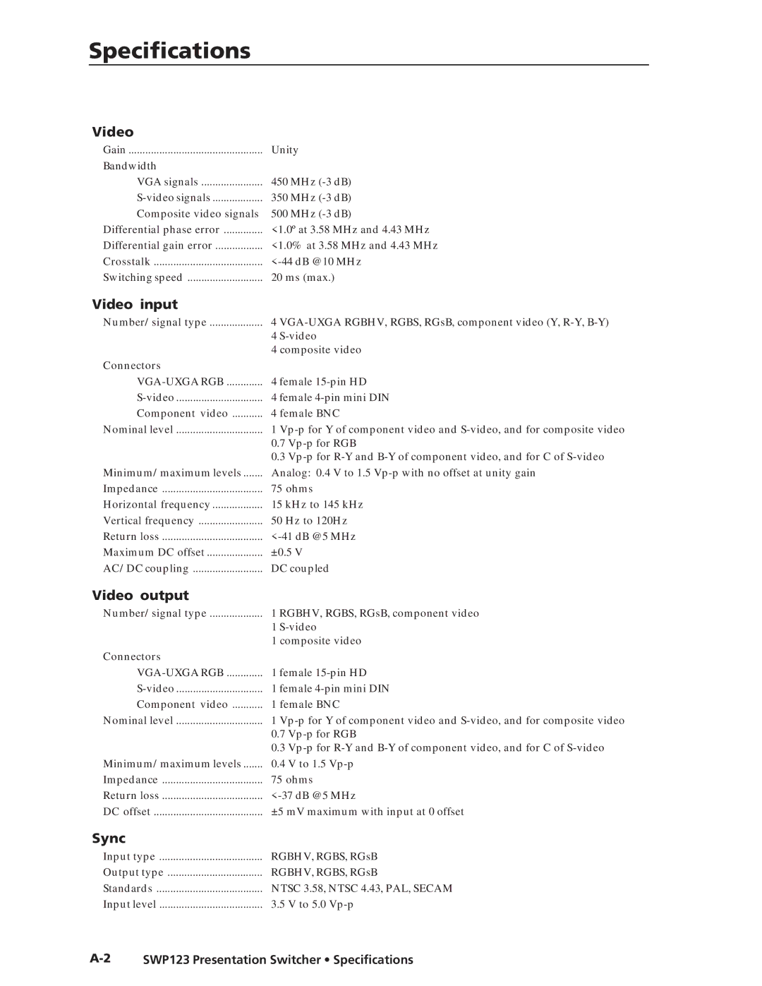 Extron electronic manual SWP123 Presentation Switcher Specifications 