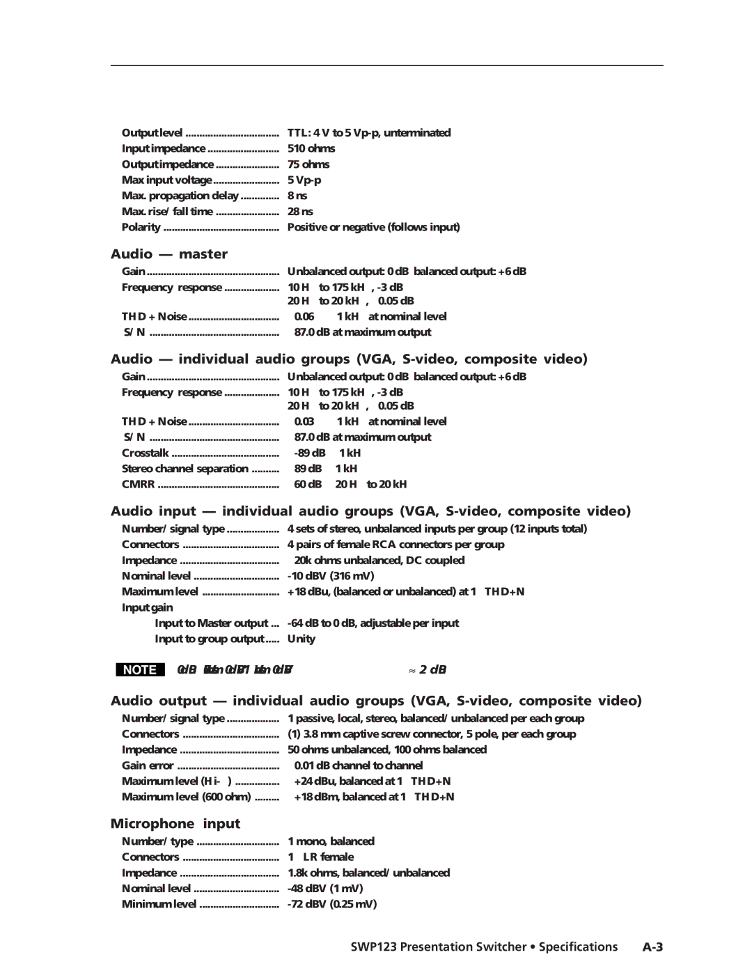 Extron electronic manual Audio master, SWP123 Presentation Switcher Specifications 