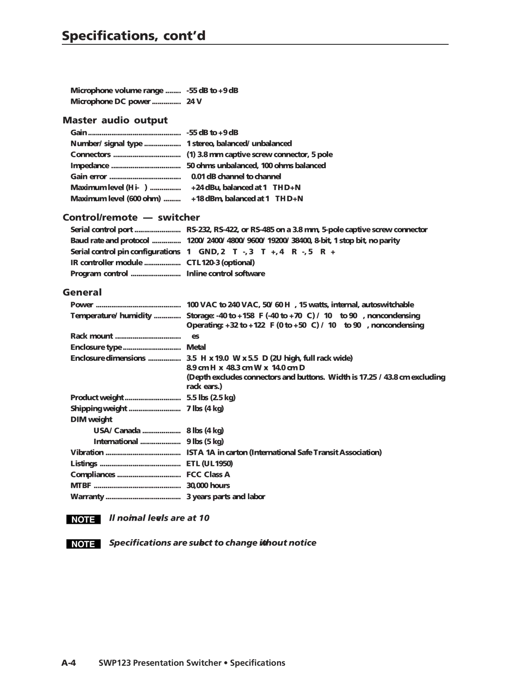 Extron electronic SWP123 manual Specifications, cont’d, Master audio output 