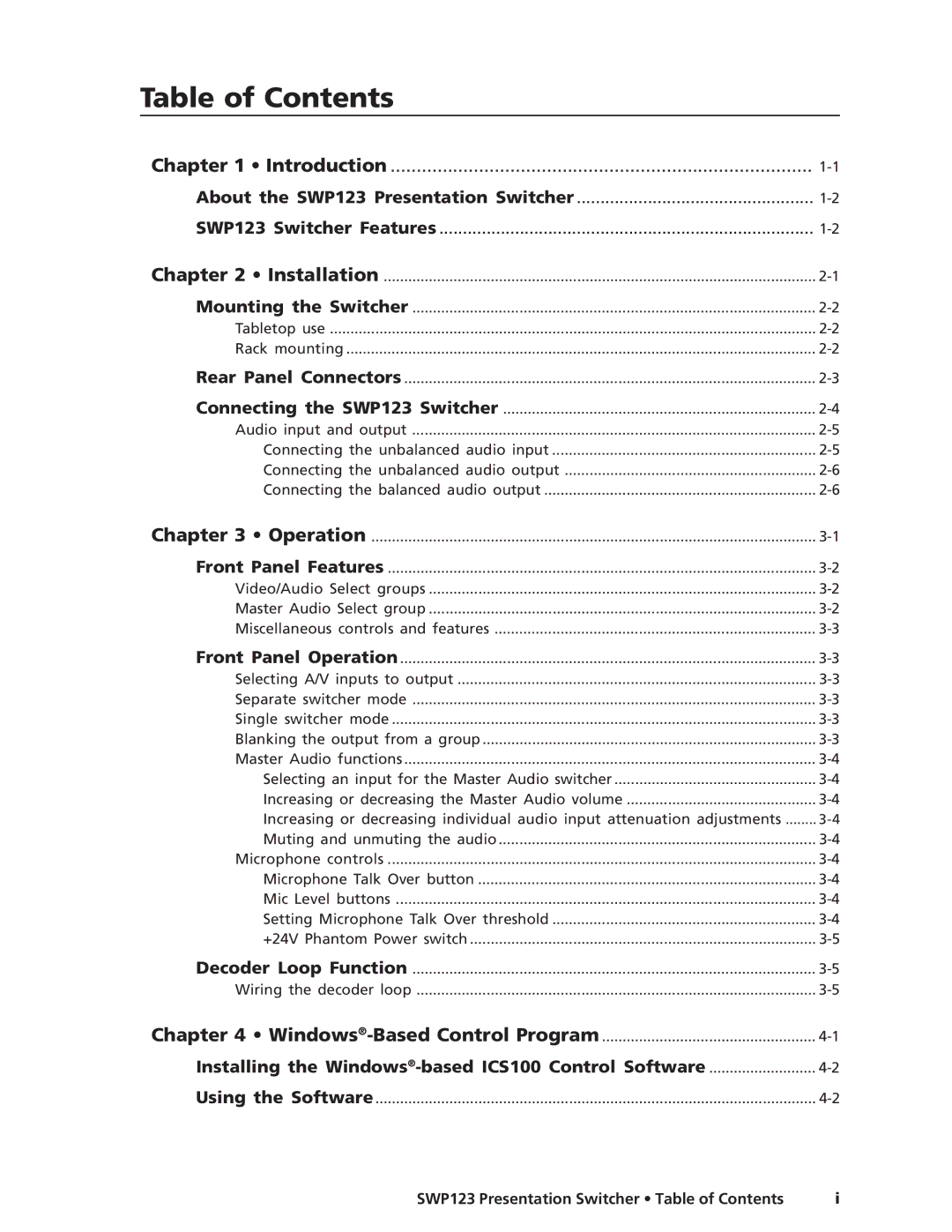 Extron electronic SWP123 manual Table of Contents 