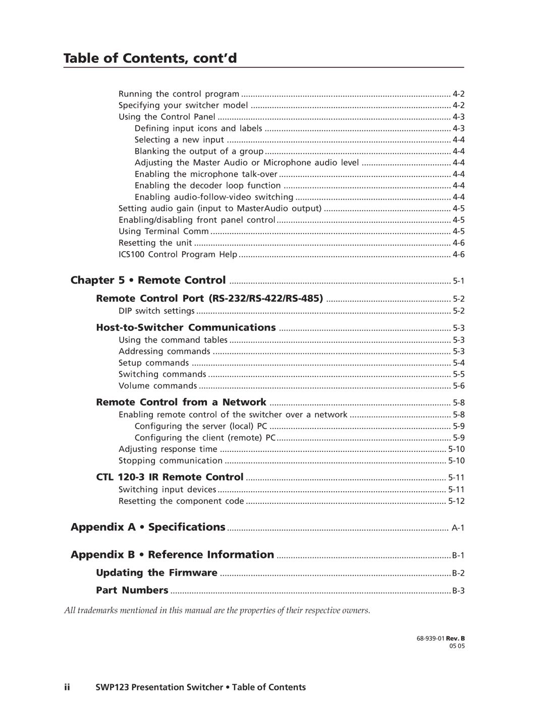 Extron electronic SWP123 manual Table of Contents, cont’d 