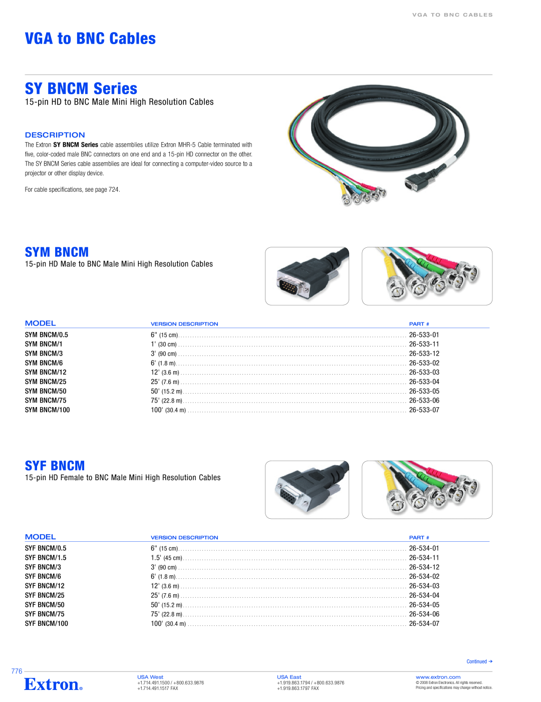 Extron electronic specifications VGA to BNC Cables SY BNCM Series, Sym Bncm, Syf Bncm 
