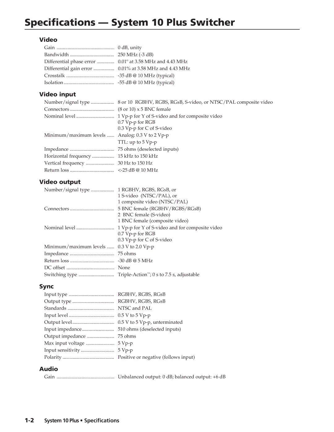 Extron electronic System 10 Plus specifications Video input, Video output, Sync, Audio 