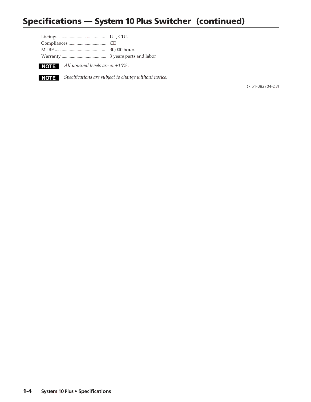 Extron electronic specifications Specifications System 10 Plus Switcher 