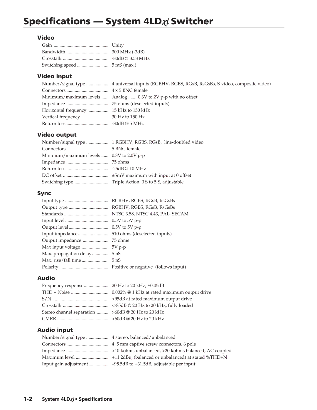 Extron electronic System 4LD xi specifications Specifications System 4LDxi Switcher 