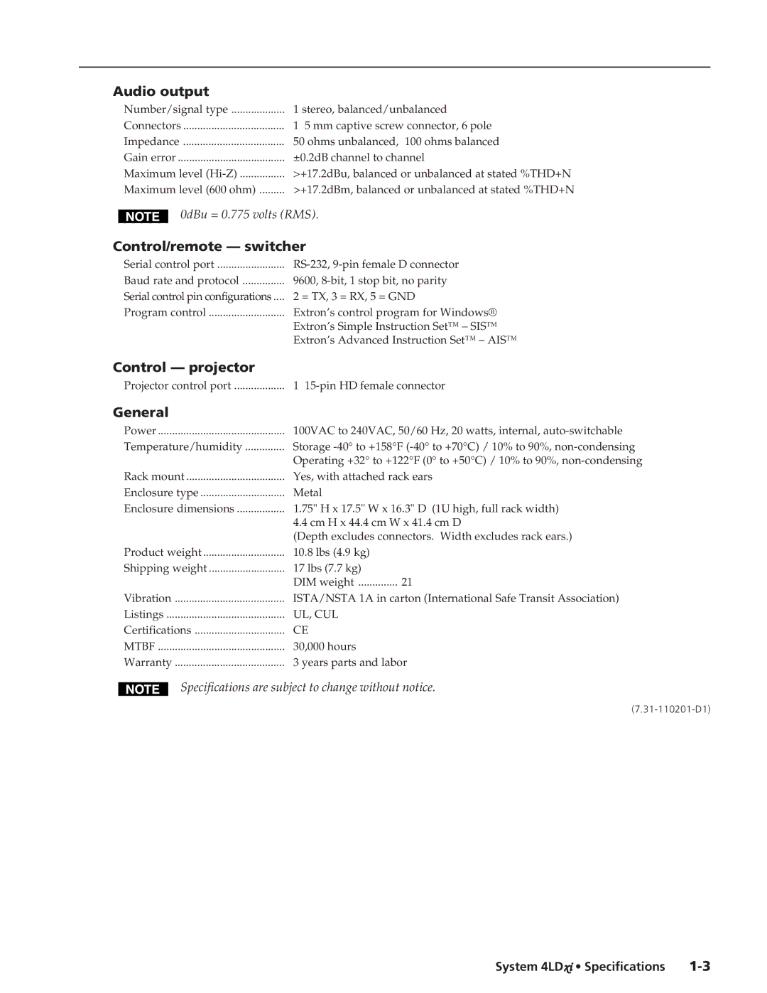 Extron electronic System 4LD xi specifications Audio output, Control/remote switcher, Control projector, General 