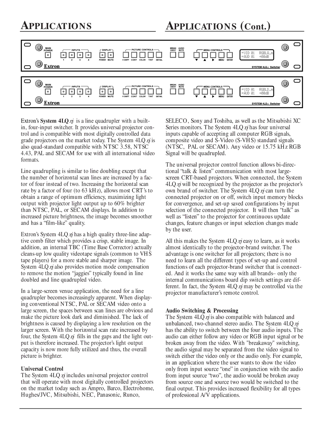 Extron electronic System 4LQ xi manual Applicationsapplications, Universal Control 