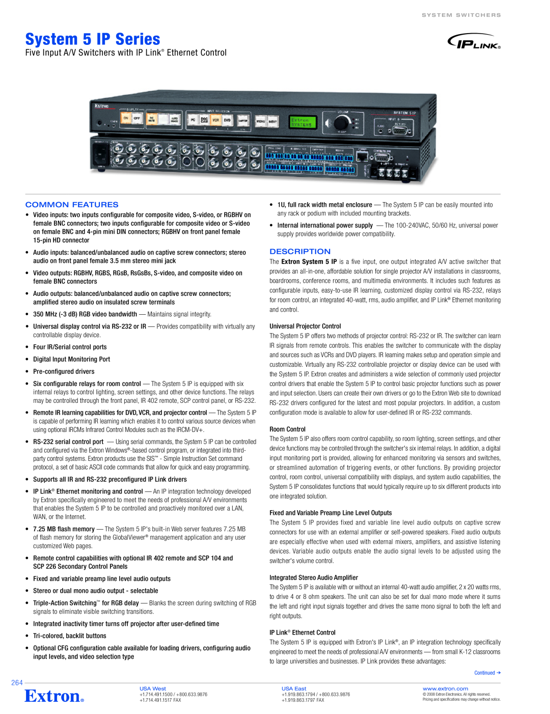 Extron electronic System 5 IP Series specifications Five Input A/V Switchers with IP Link Ethernet Control, Description 