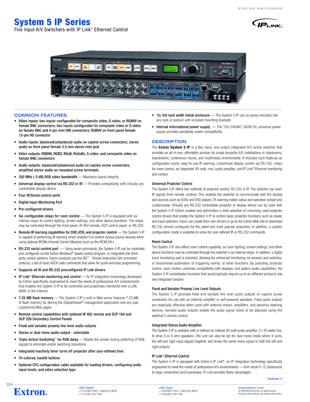 Extron electronic System 5 IP Series specifications Supports all IR and RS-232 preconfigured IP Link drivers, Room Control 