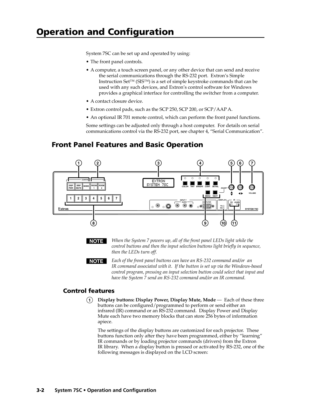 Extron electronic System 7SC manual Front Panel Features and Basic Operation, Control features 