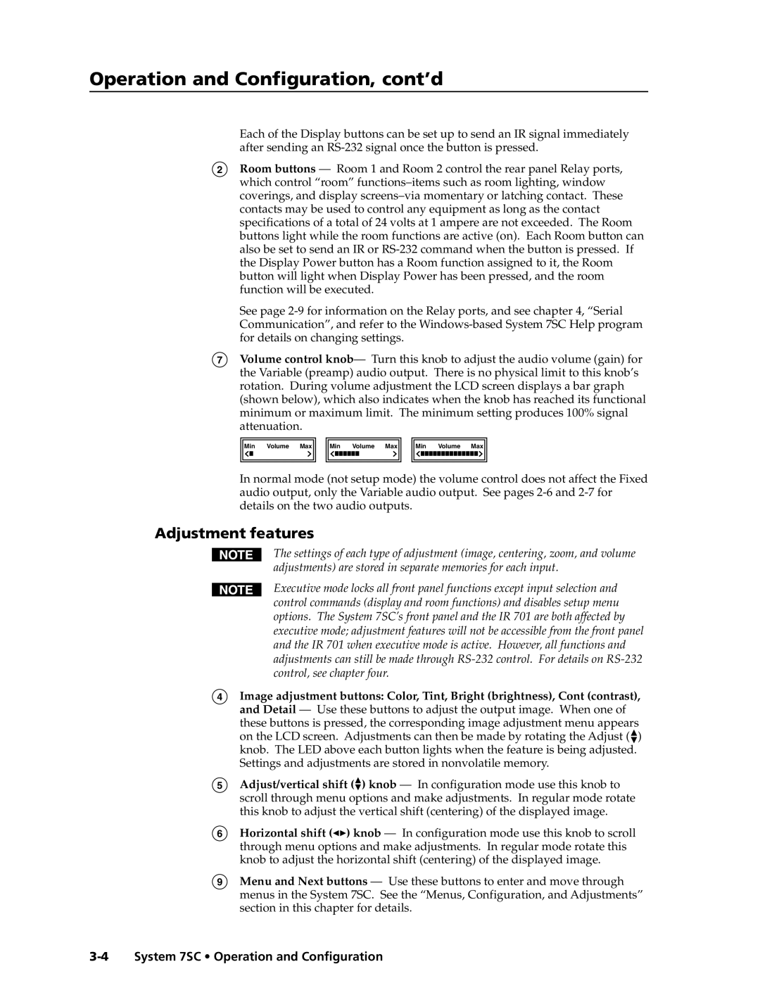 Extron electronic System 7SC manual Operation and Configuration, cont’d, Adjustment features 