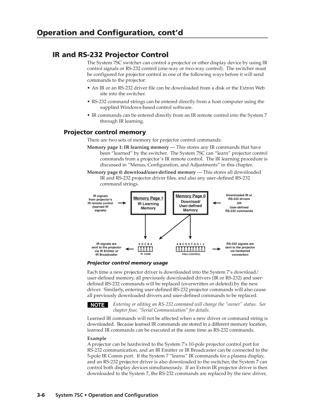 Extron electronic System 7SC manual IR and RS-232 Projector Control, Projector control memory usage, Example 