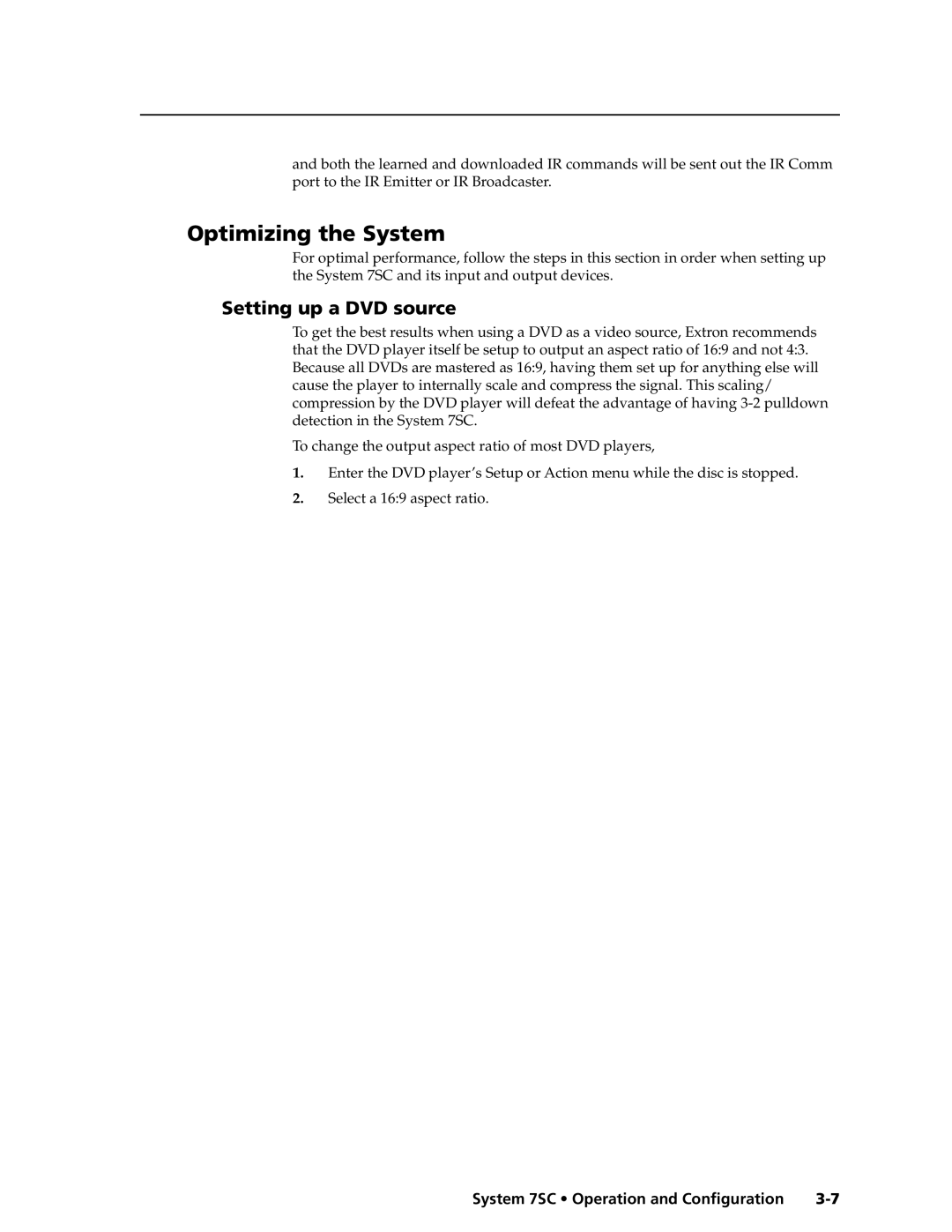 Extron electronic System 7SC manual Optimizing the System, Setting up a DVD source 