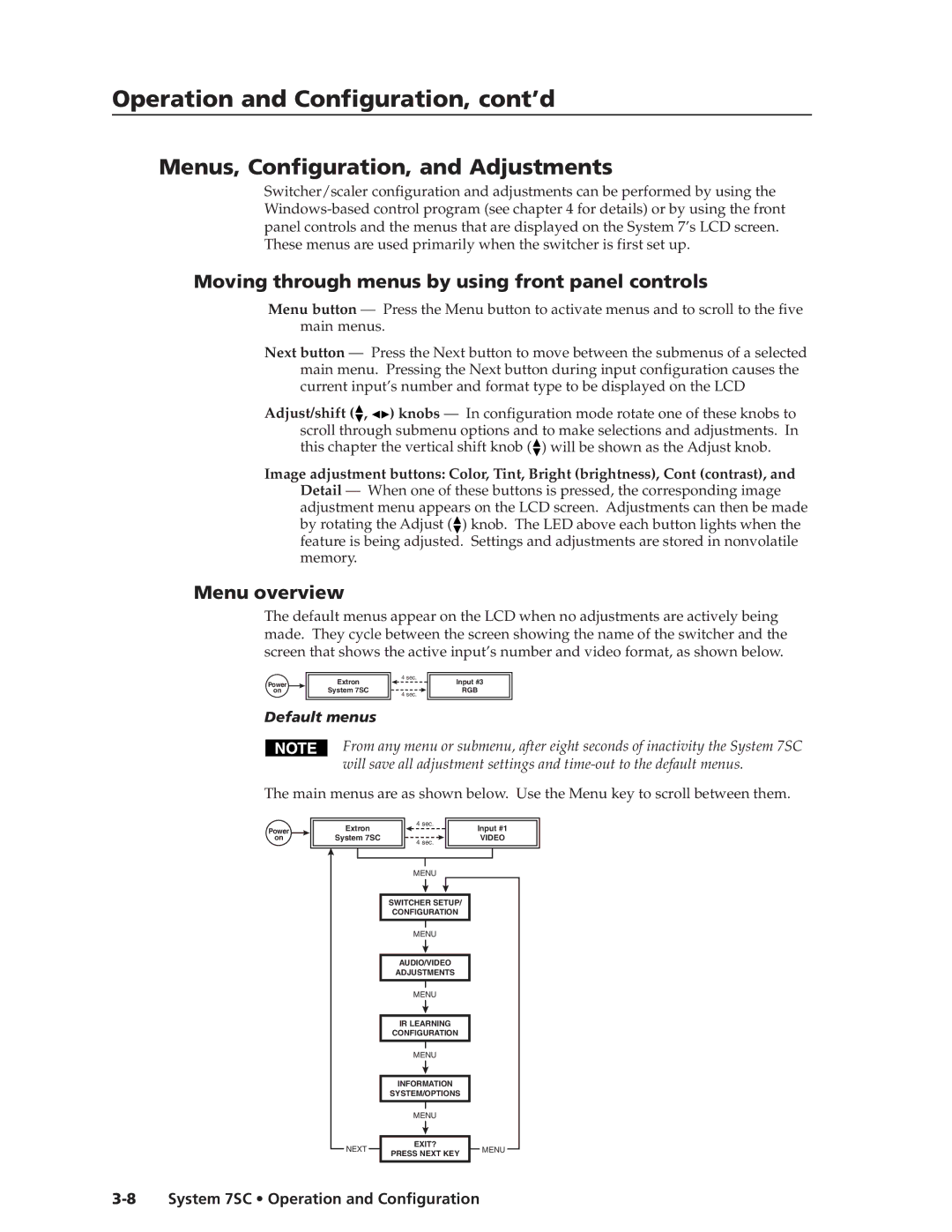 Extron electronic System 7SC Menus, Configuration, and Adjustments, Moving through menus by using front panel controls 