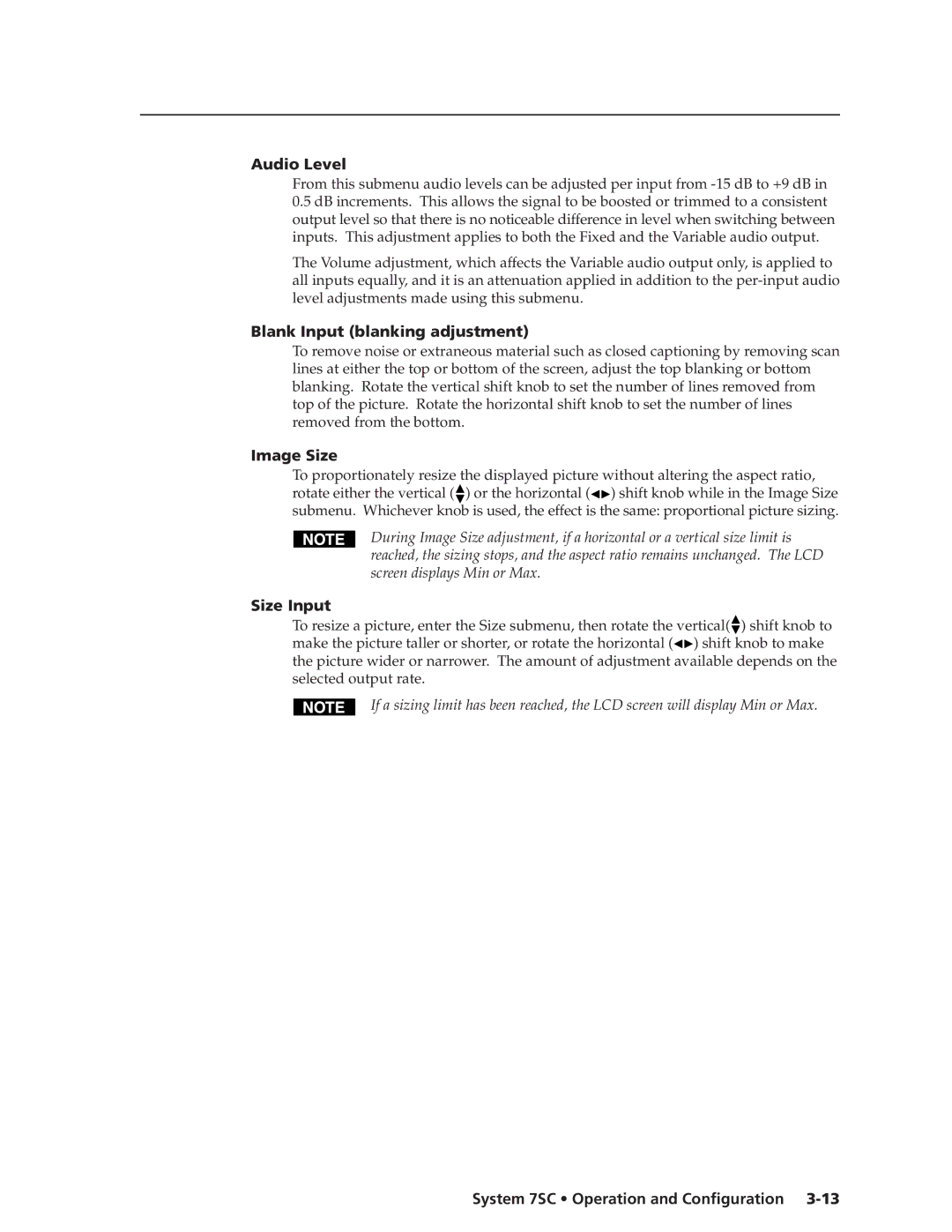 Extron electronic System 7SC manual Audio Level, Blank Input blanking adjustment, Image Size, Size Input 