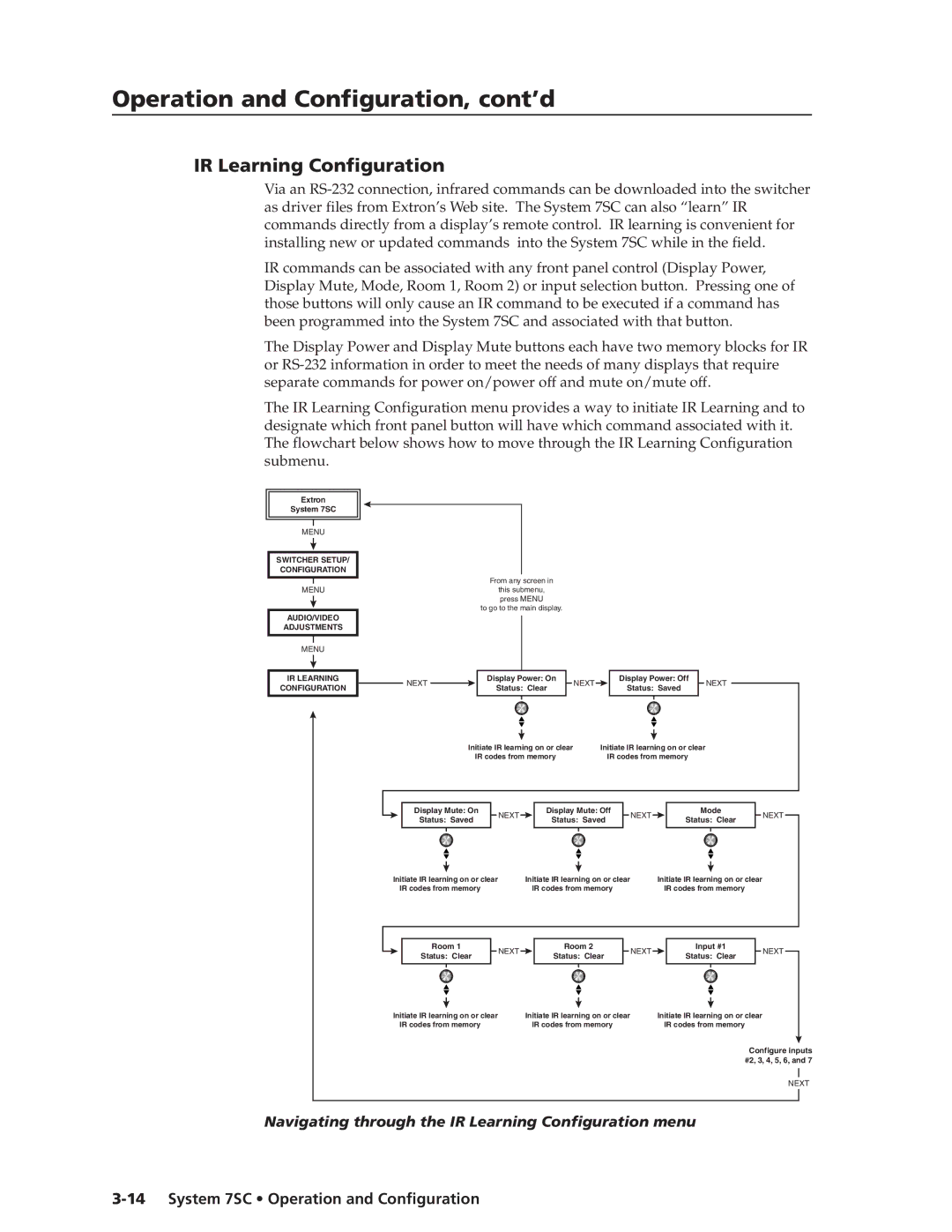 Extron electronic System 7SC manual Navigating through the IR Learning Configuration menu 