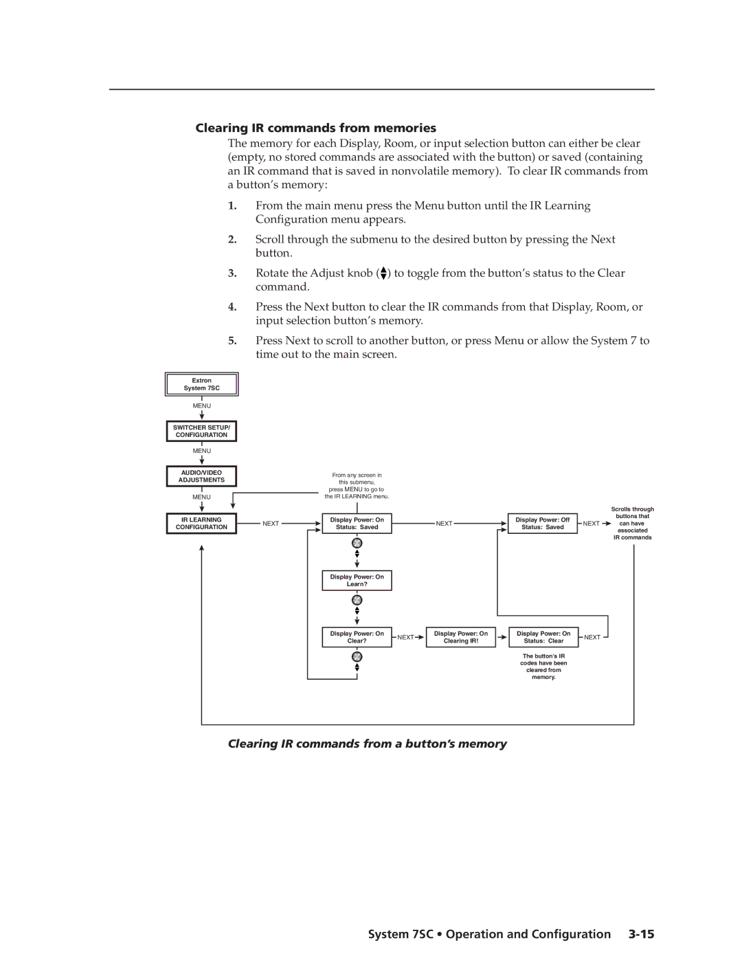 Extron electronic System 7SC manual Clearing IR commands from memories, Clearing IR commands from a button’s memory 