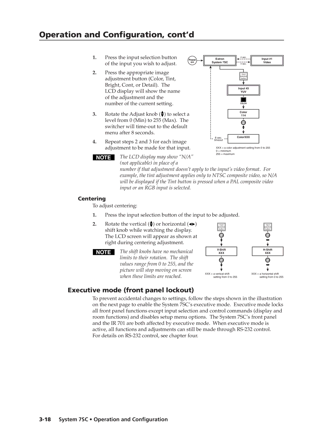 Extron electronic System 7SC manual Executive mode front panel lockout, Input you wish to adjust, Centering 