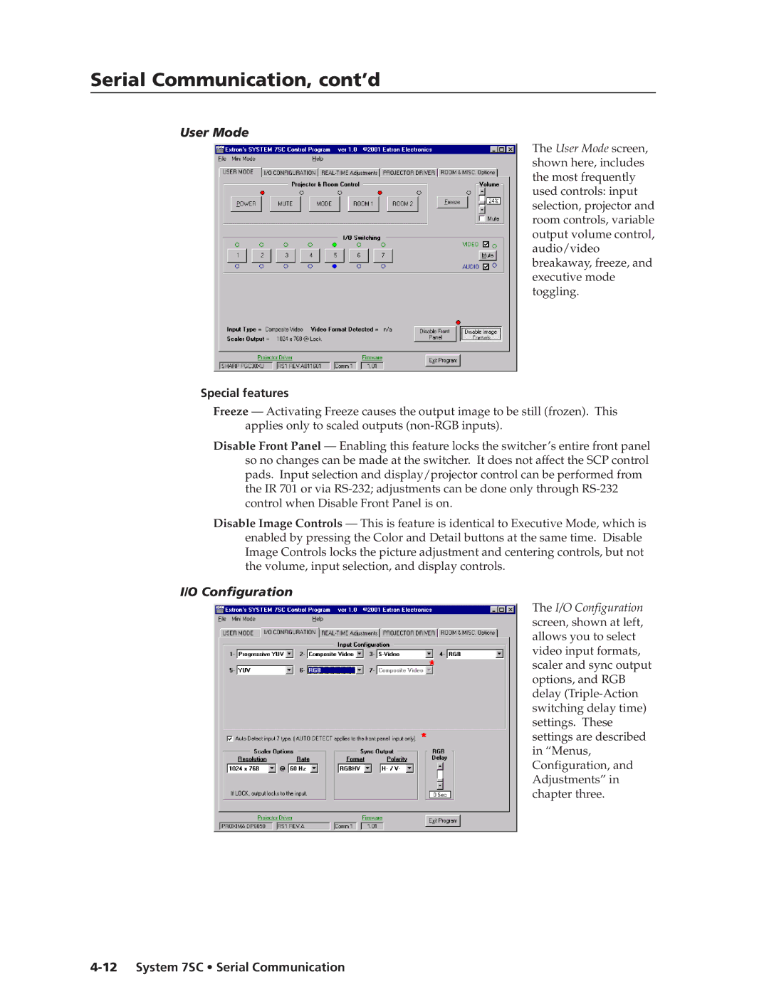 Extron electronic System 7SC manual User Mode, Special features, Configuration 