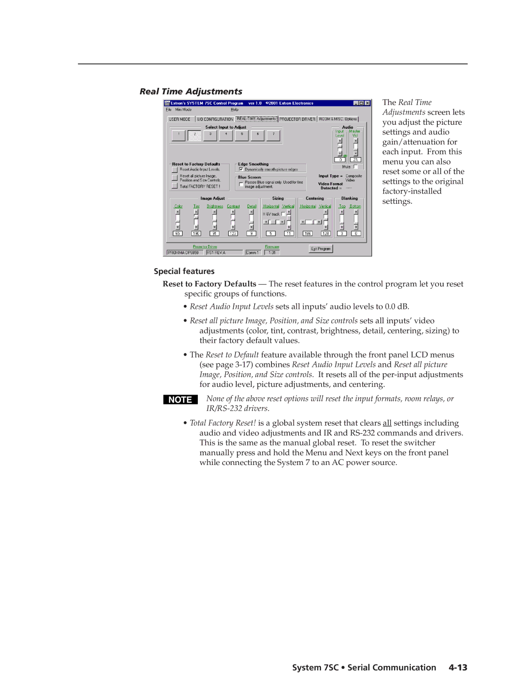 Extron electronic System 7SC manual Real Time Adjustments 