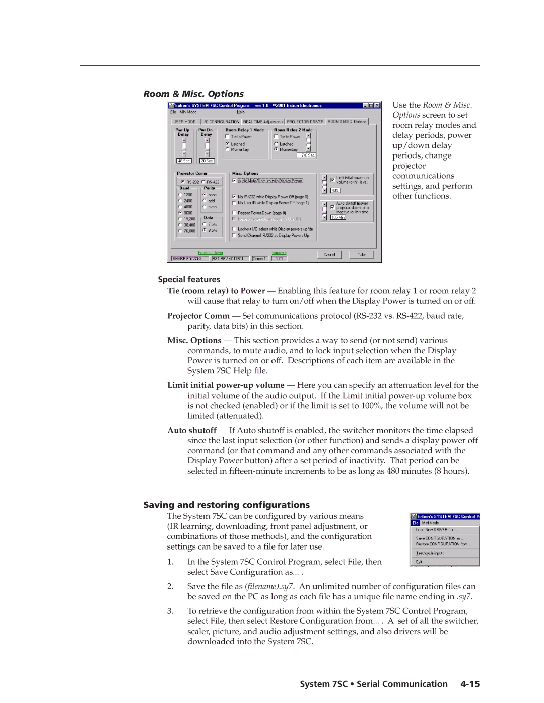 Extron electronic System 7SC manual Room & Misc. Options, Saving and restoring configurations 