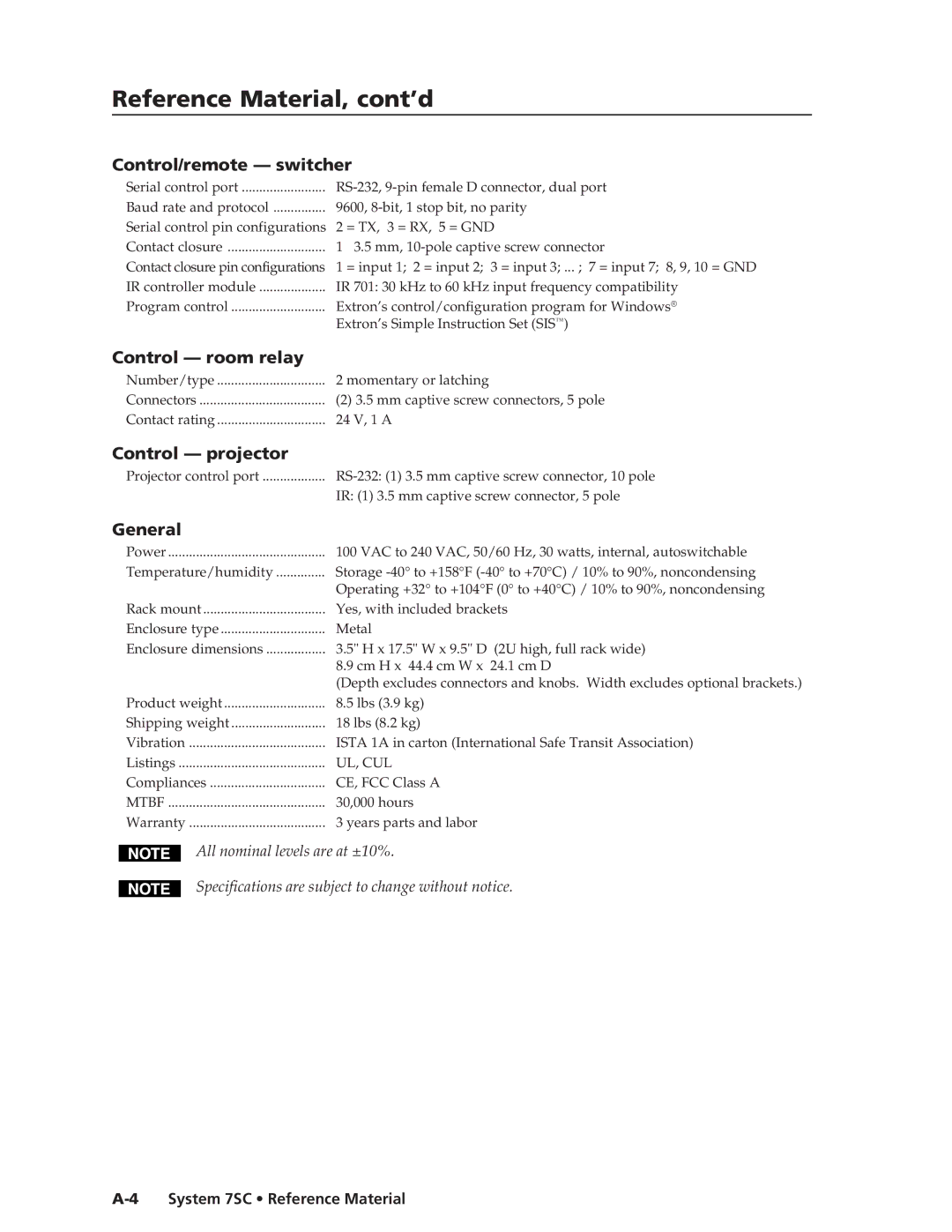 Extron electronic System 7SC manual Reference Material, cont’d 