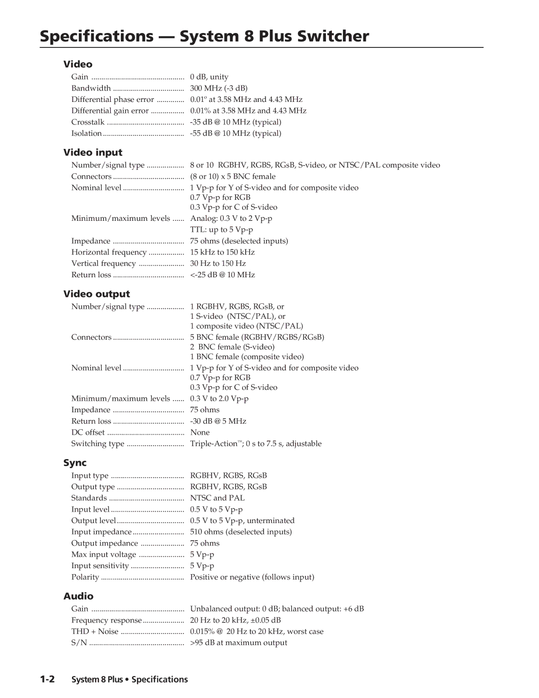 Extron electronic System 8 Plus specifications Video input, Video output, Sync, Audio 