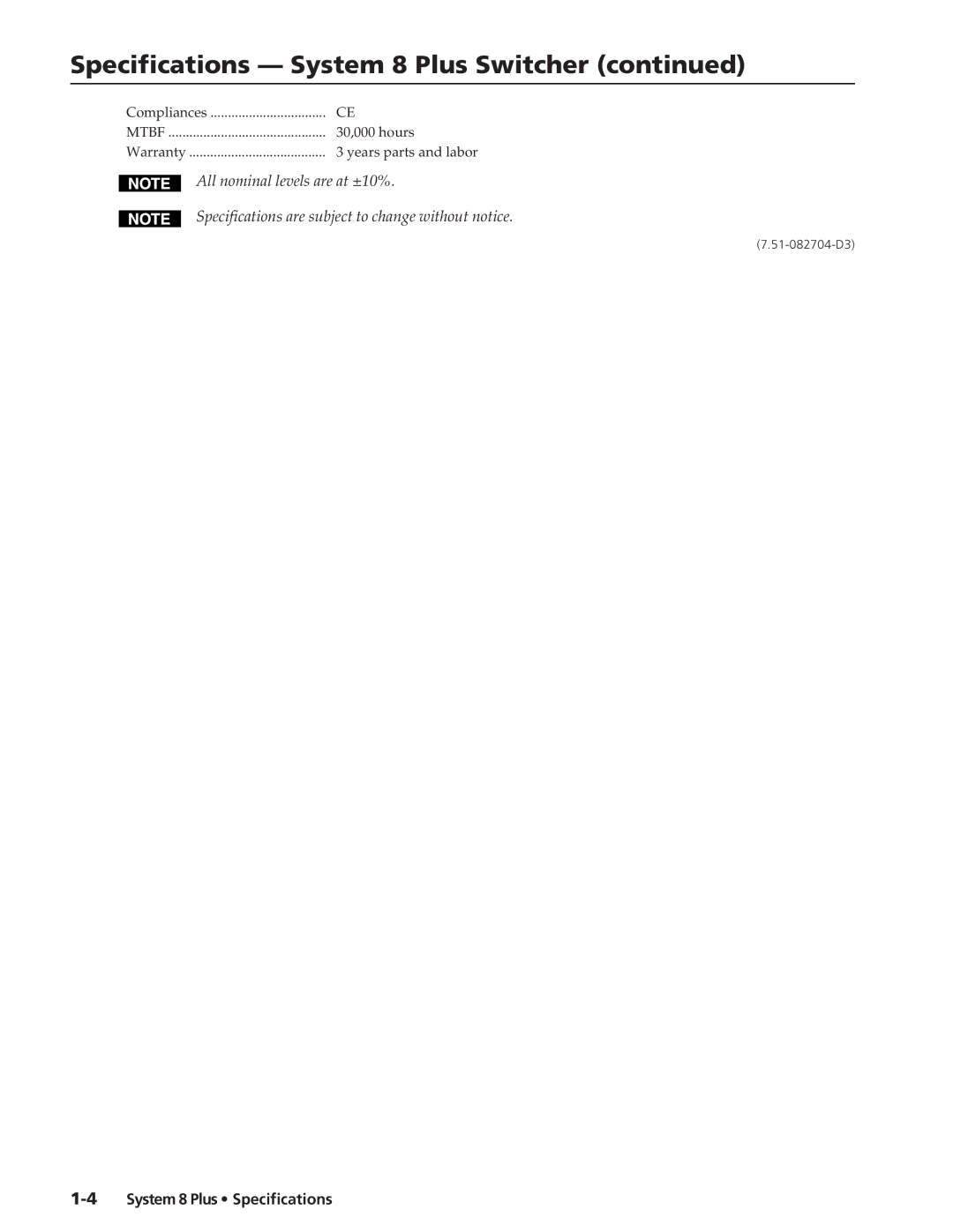 Extron electronic specifications Specifications System 8 Plus Switcher 